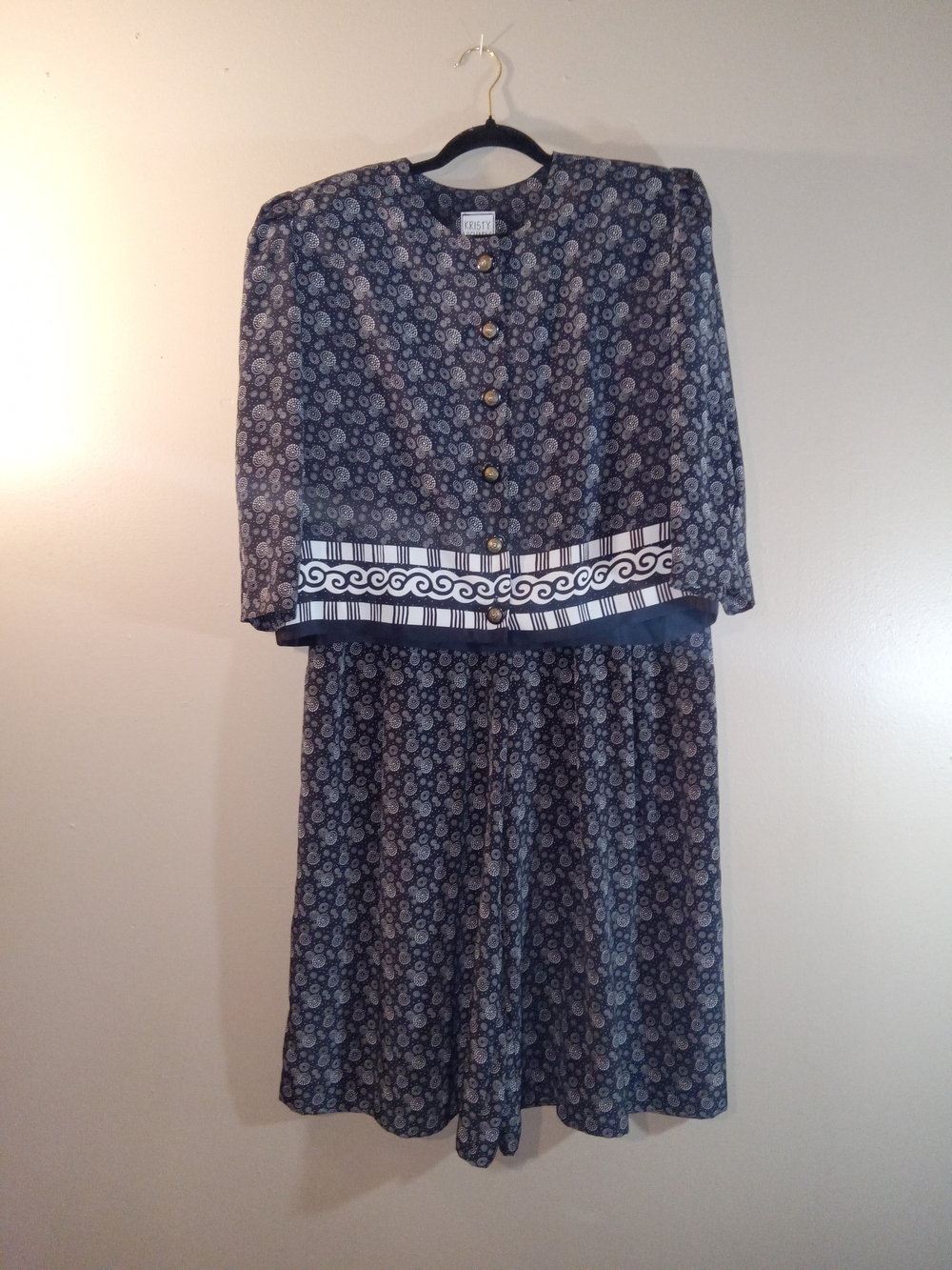 Vintage Navy And White Print Wide-Leg Culottes with Decorative Trim Top